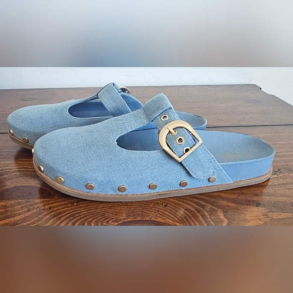 Chelsea & Violet Shoes - Chelsea & Violet Denim Blue Clogs/Mules W/Gold Buckles. Women's Size 9 NWOB